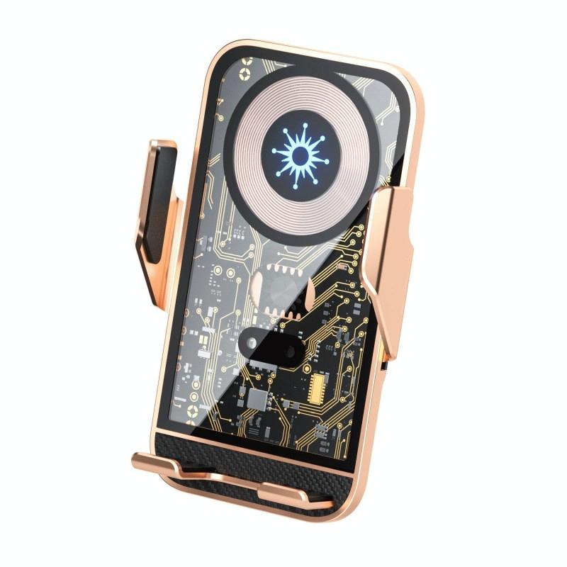 15W Fast Wireless Charger With Infrared Sensor For C10 Car Navigation - Transparent Stand - Golden