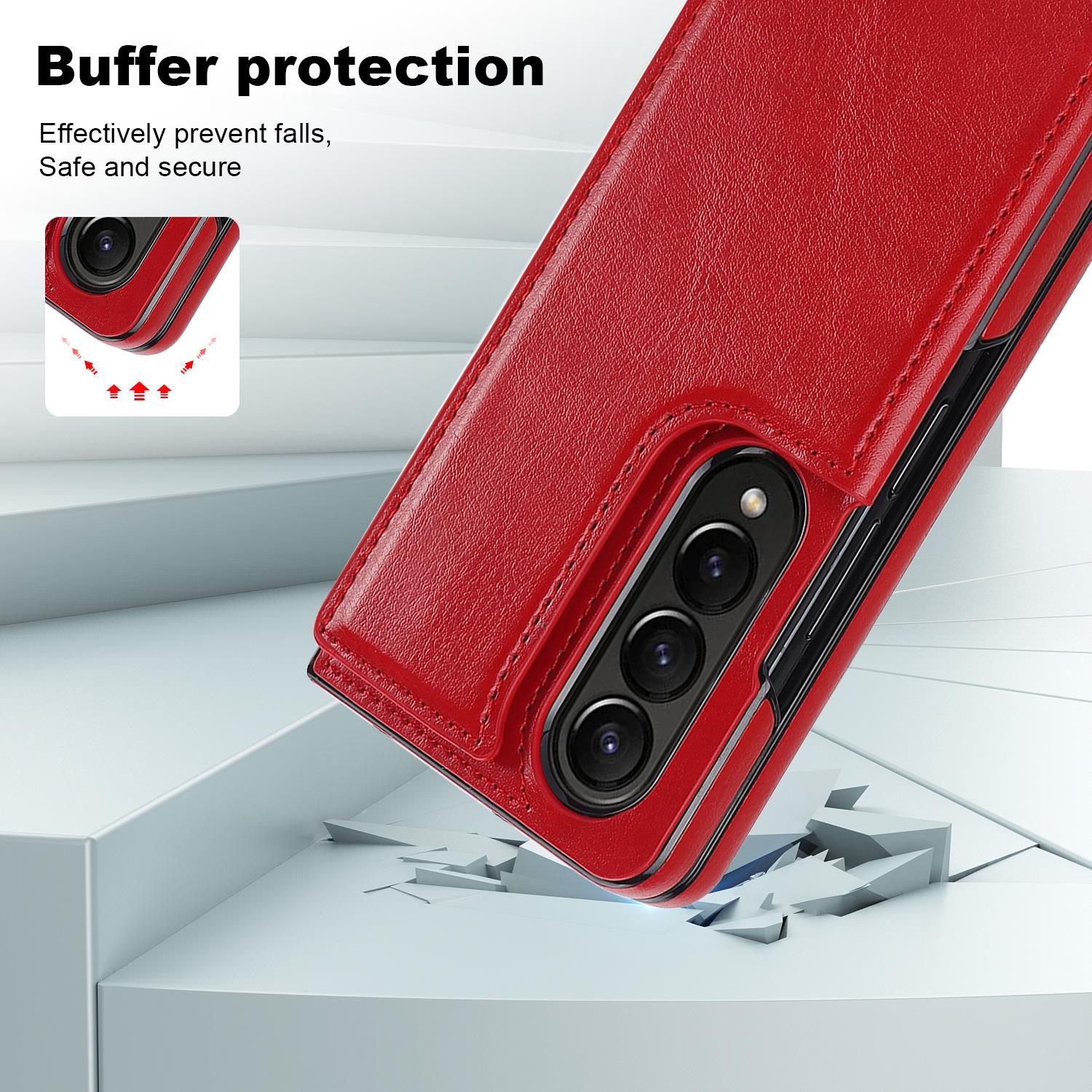 For Samsung Galaxy z Fold4 5G Foldable Phone Case with Double Buckle Card Slot - Red