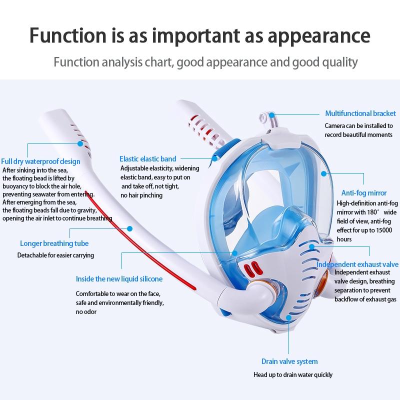 Full Dry Silicone Diving Mask for Adults - Double Tube - White/Blue
