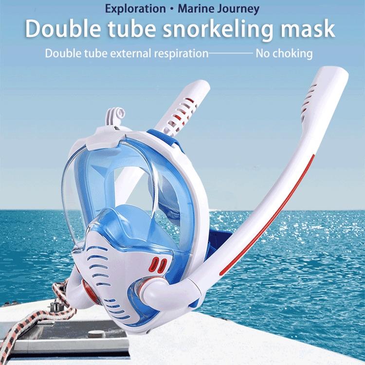 Full Dry Silicone Diving Mask for Adults - Double Tube - White/Blue
