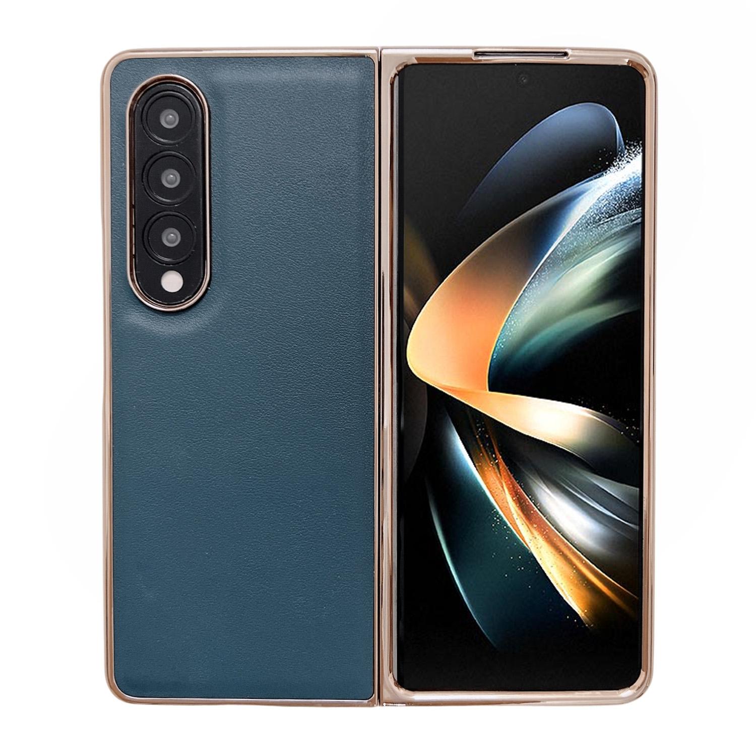 For Samsung Galaxy Z Fold4 5G Xiaoya Series Genuine Leather Plating Case - Blue