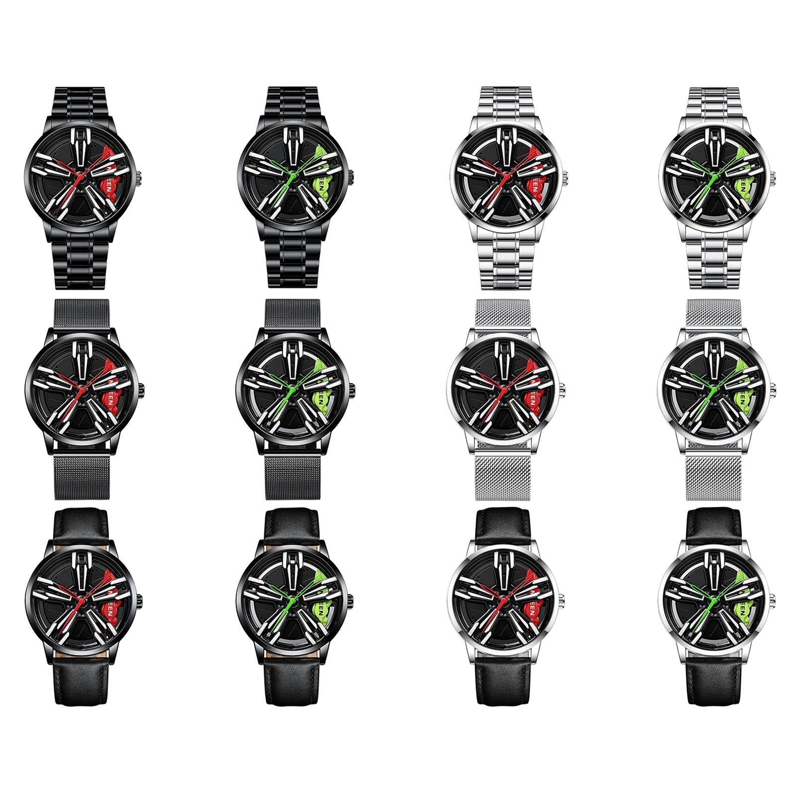 Men Metal Motorcycle Watch with Rotating Hub - White Steel Red Surface