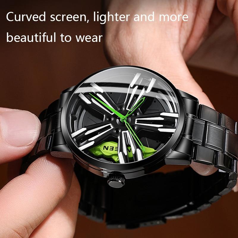 Men Metal Motorcycle Watch with Rotating Hub - White Steel Red Surface