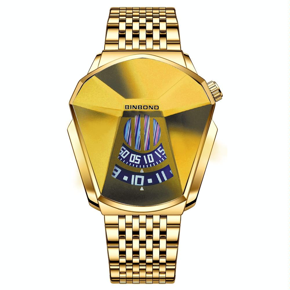 Men Diamond Dial Quartz Watch - Locomotive Concept - Full Gold Golden Surface