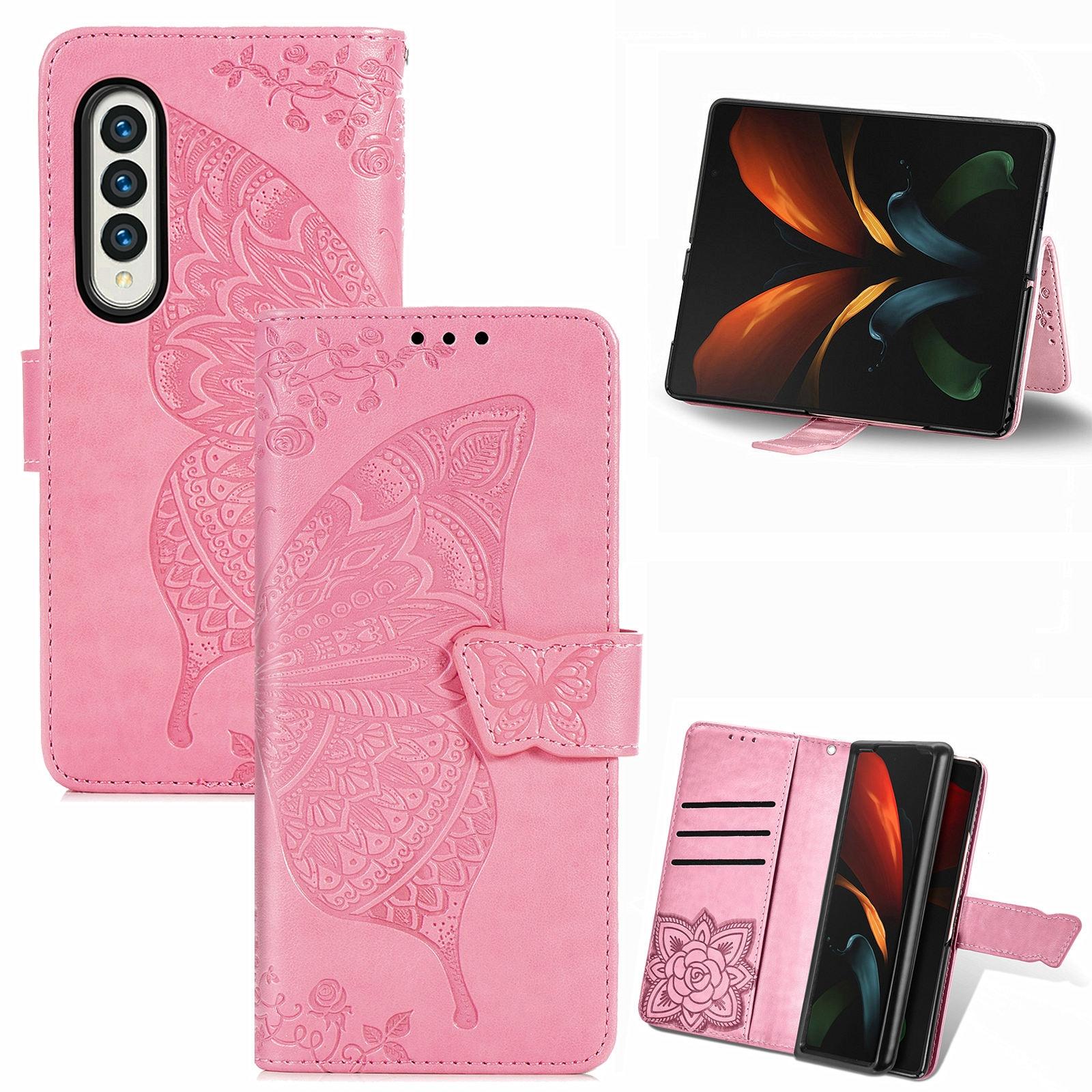 For Samsung Galaxy Z Fold4 5G Embossed Butterfly Love Leather Case - Flower Design - Pink