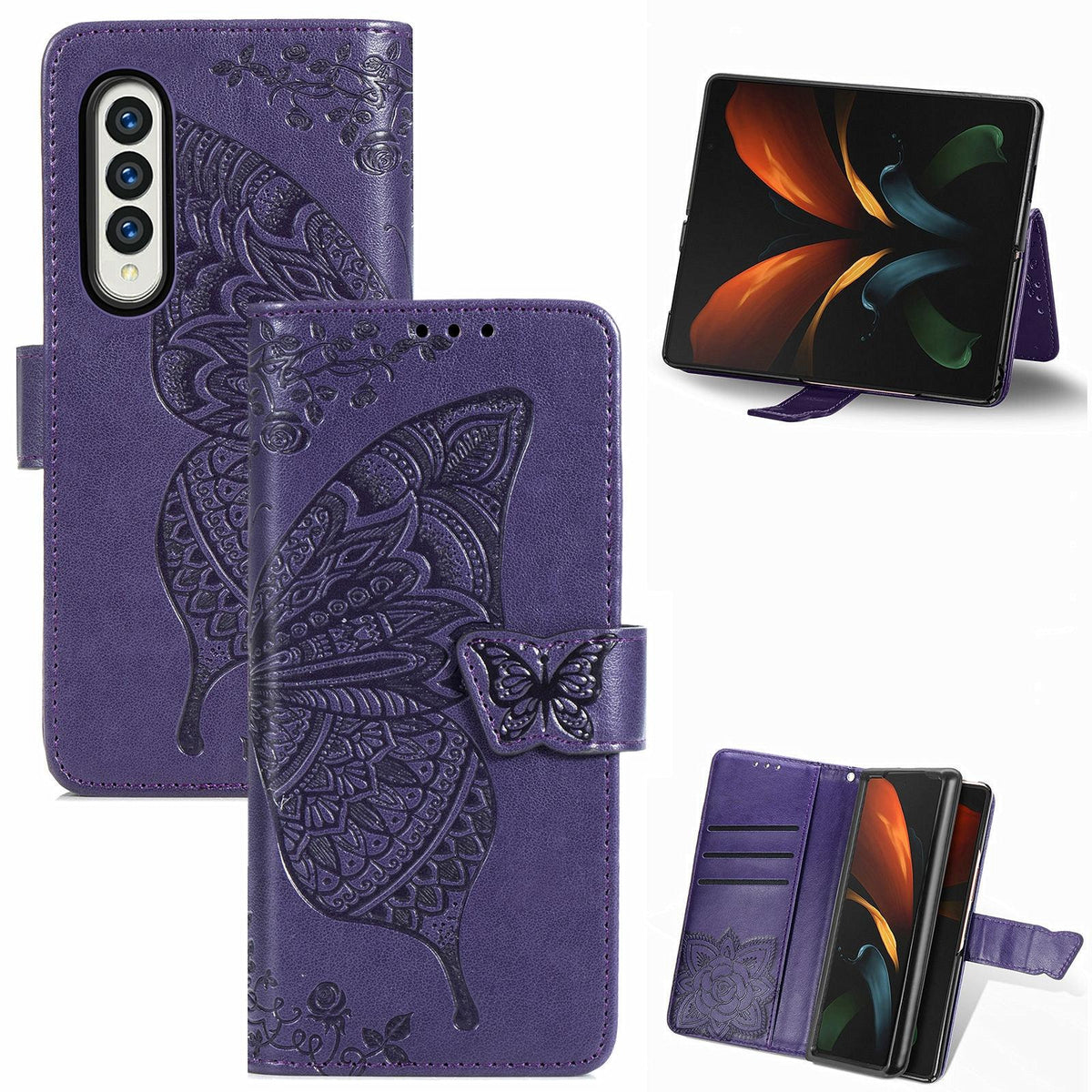 For Samsung Galaxy Z Fold4 5G Embossed Butterfly Love Leather Case - Flower Design - Pink