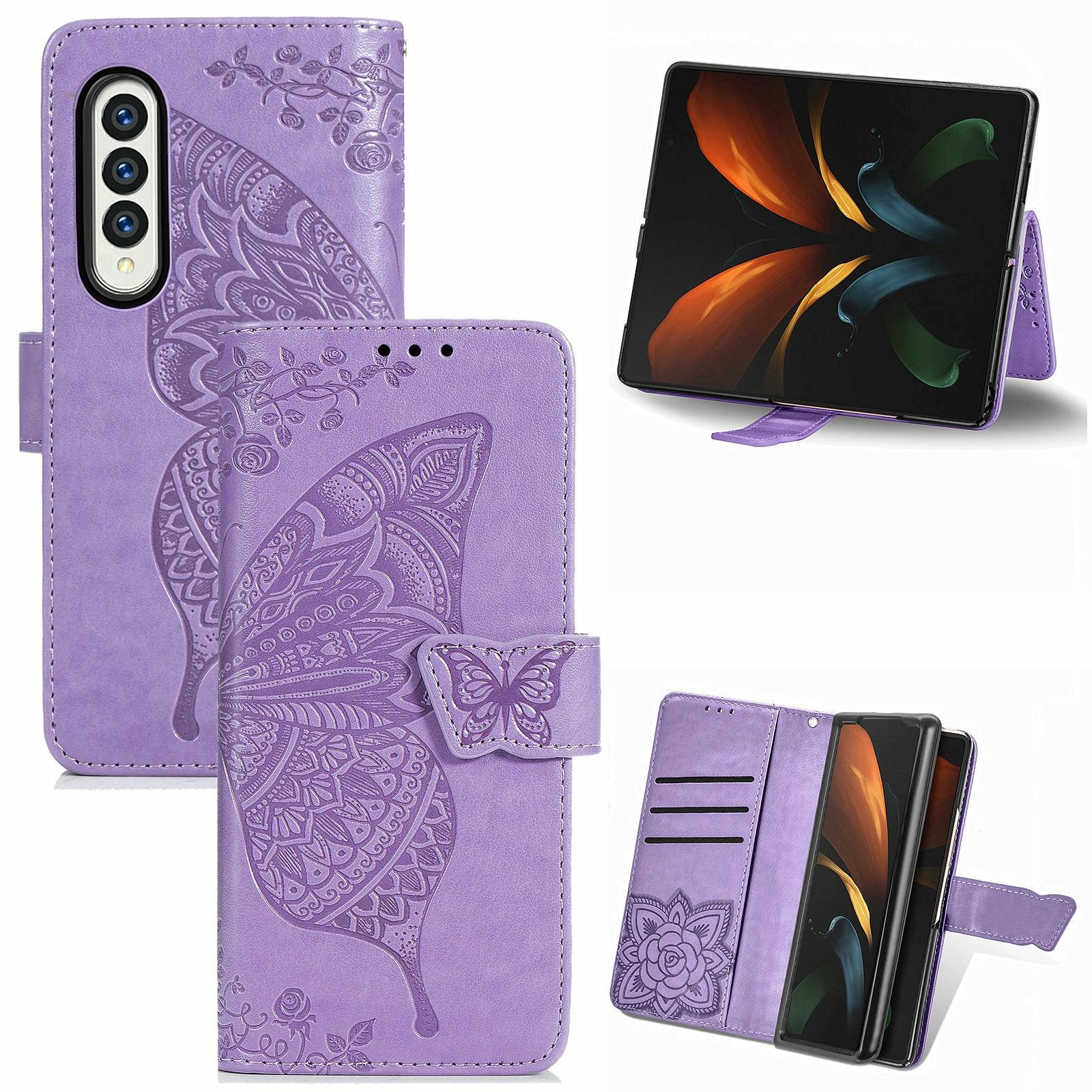For Samsung Galaxy Z Fold4 5G Embossed Butterfly Love Leather Case - Flower Design - Pink