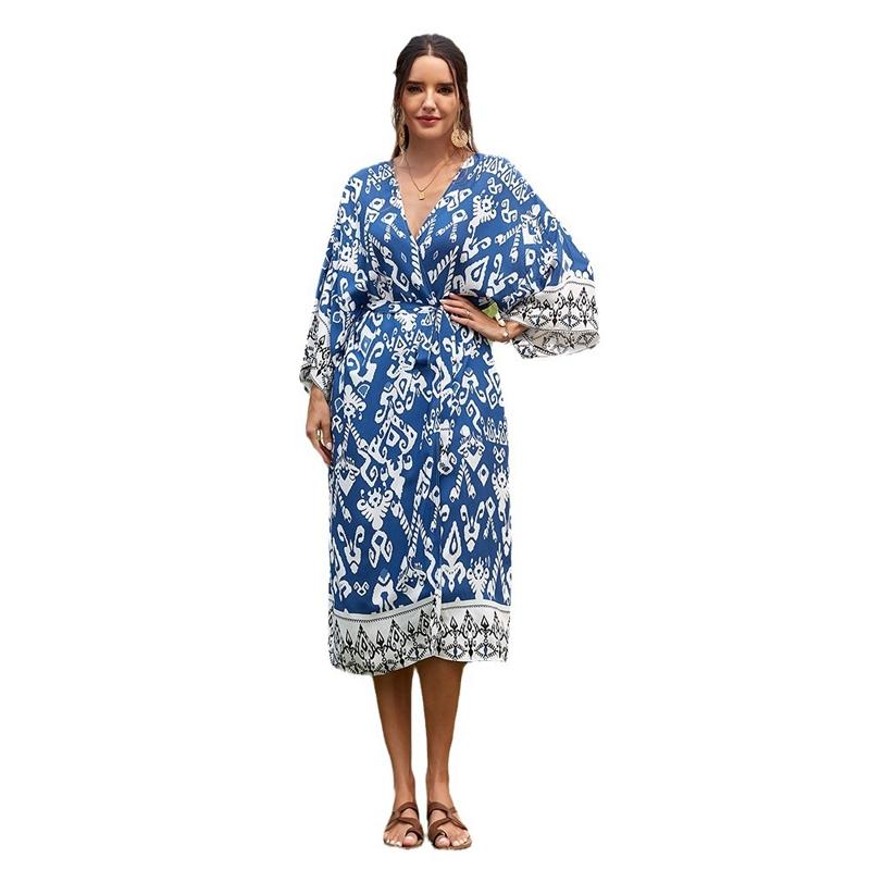Ladies Beach Printed Shawl Vacation Bikini Sun Protection Cardigan Blouse - Size One Size Black 3816-3