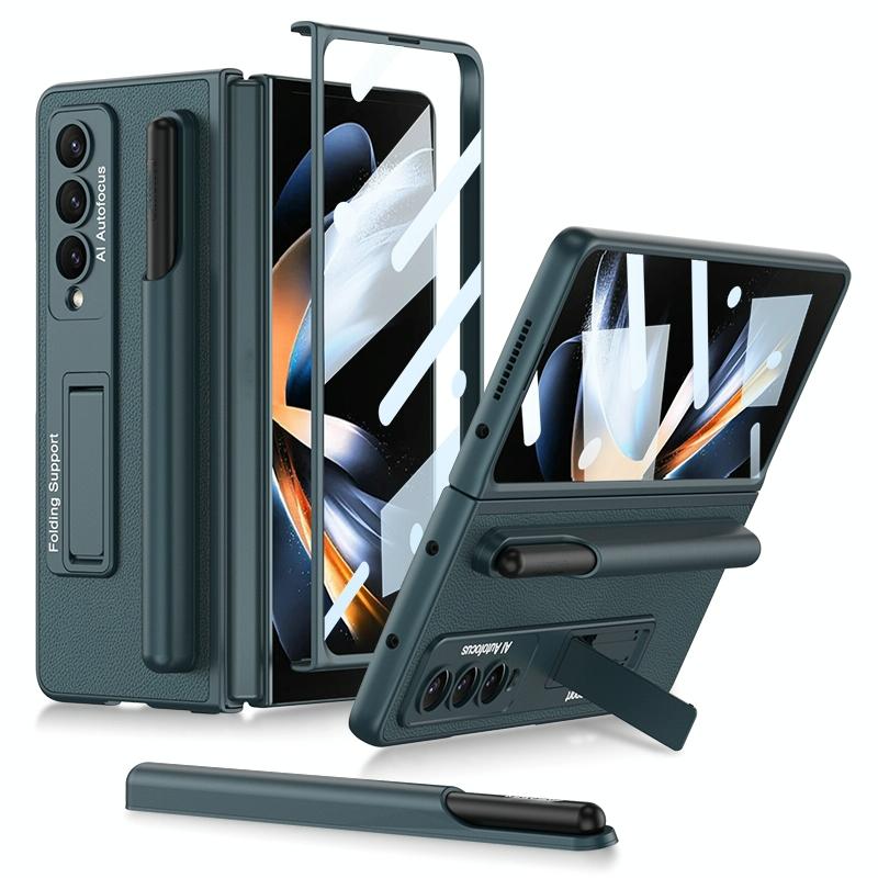 For Samsung Galaxy Z Fold4 5G Leather Case With Holder & Pen Slots - Thin & Shockproof - Dark Night Green