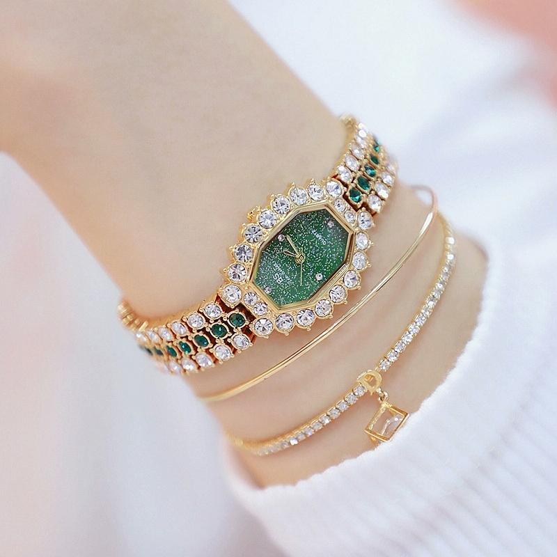 Women Diamond Plated Octagonal Quartz Watch with Rhinestone Bracelet - Rose Gold Coffee Diamond