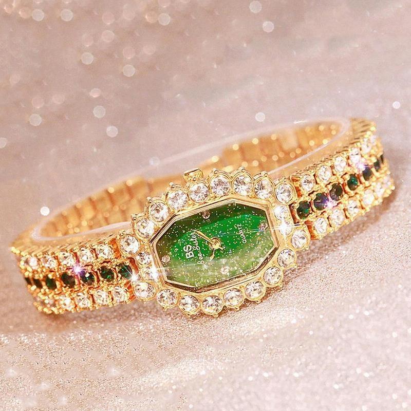 Women Diamond Plated Octagonal Quartz Watch with Rhinestone Bracelet - Rose Gold Coffee Diamond