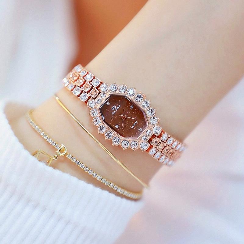 Women Diamond Plated Octagonal Quartz Watch with Rhinestone Bracelet - Rose Gold Coffee Diamond