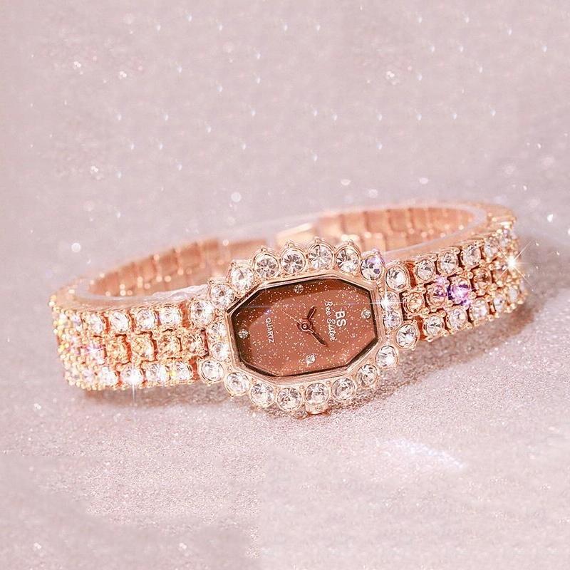 Women Diamond Plated Octagonal Quartz Watch with Rhinestone Bracelet - Rose Gold Coffee Diamond