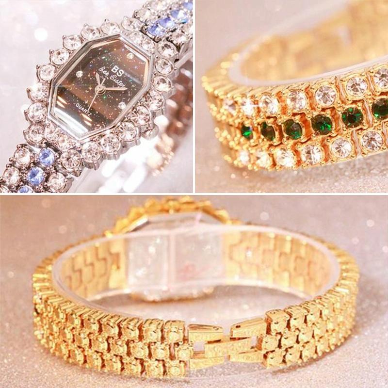 Women Diamond Plated Octagonal Quartz Watch with Rhinestone Bracelet - Rose Gold Coffee Diamond