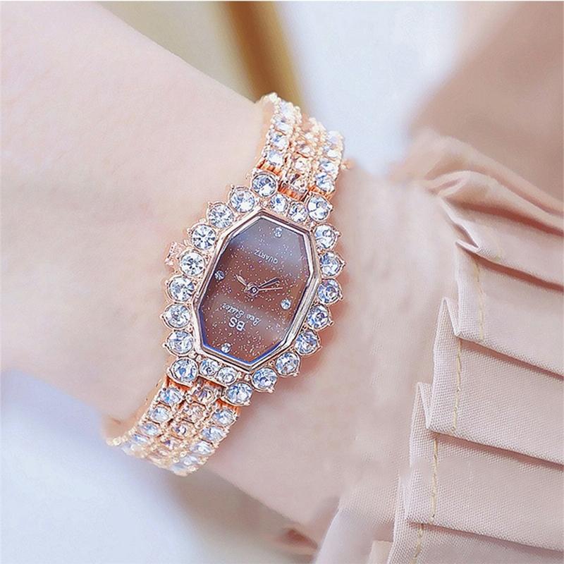 Women Diamond Plated Octagonal Quartz Watch with Rhinestone Bracelet - Rose Gold Coffee Diamond