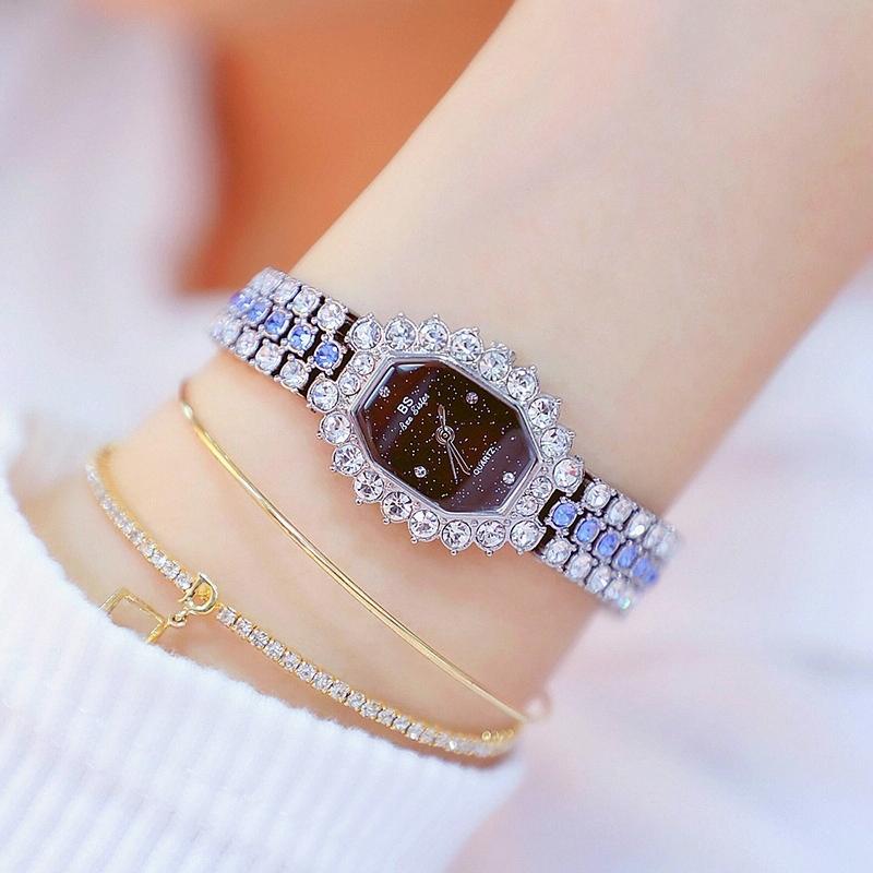 Women Diamond Plated Octagonal Quartz Watch with Rhinestone Bracelet - Rose Gold Coffee Diamond