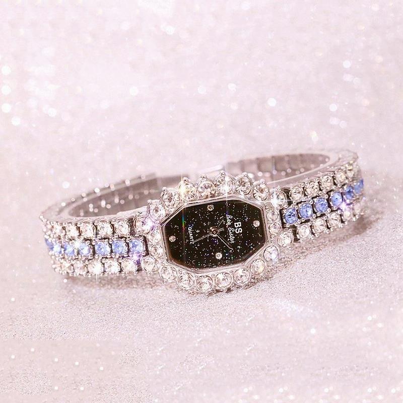 Women Diamond Plated Octagonal Quartz Watch with Rhinestone Bracelet - Rose Gold Coffee Diamond