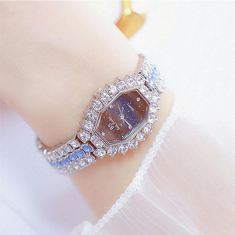 Women Diamond Plated Octagonal Quartz Watch with Rhinestone Bracelet - Rose Gold Coffee Diamond