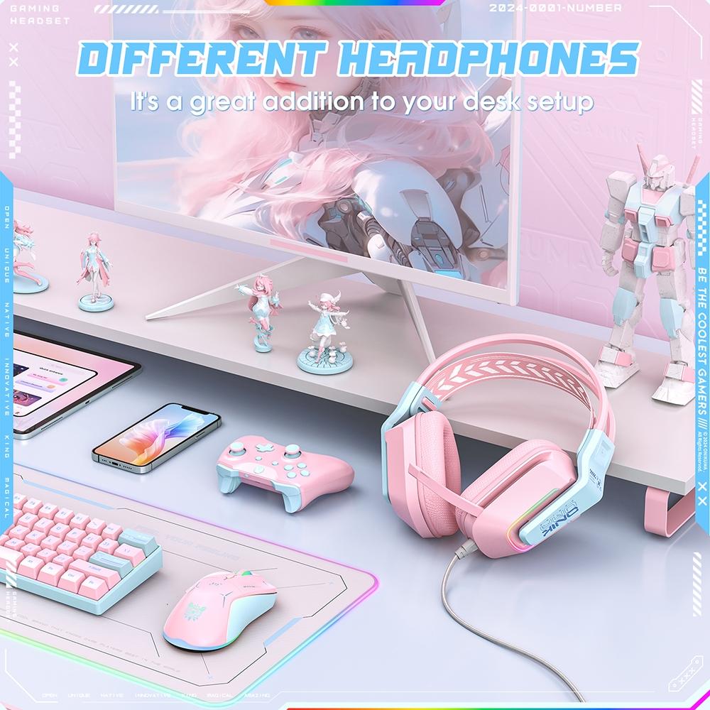 Rgb Gaming Headset With Microphone 2.2M Length - Pink