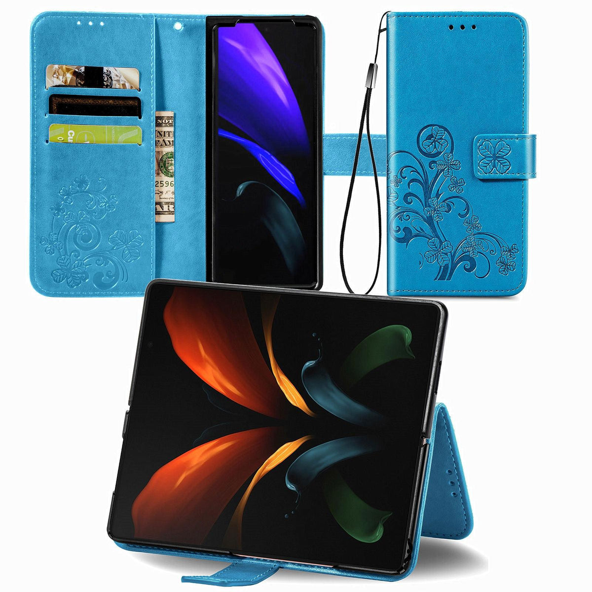 For Samsung Galaxy Z Fold4 5G Embossed Leather Phone Case With Four Leaf Clasp - Blue