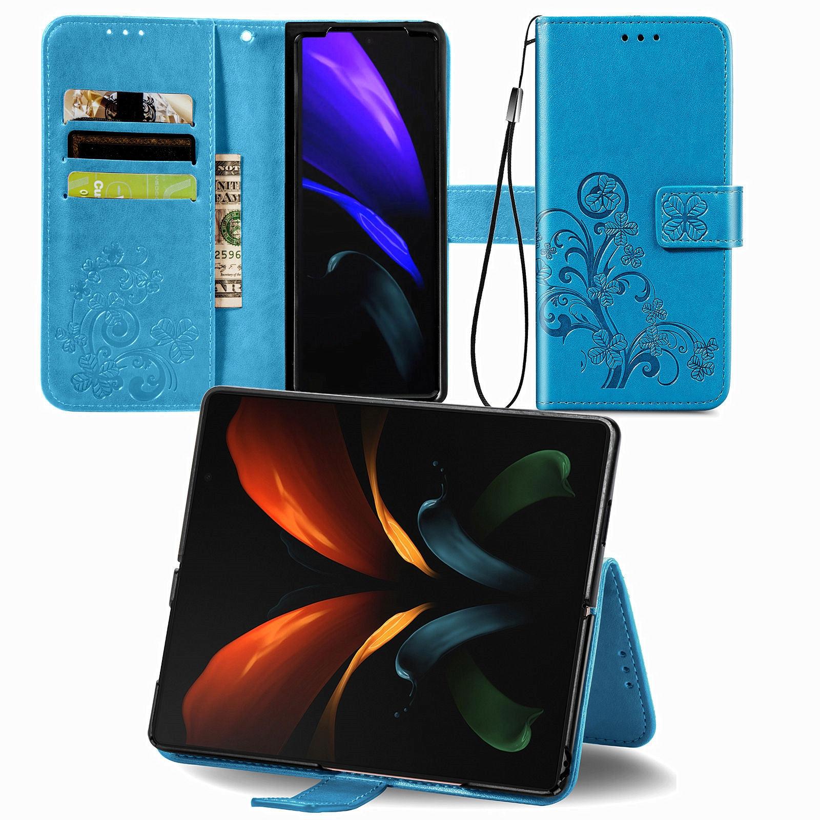 For Samsung Galaxy Z Fold4 5G Embossed Leather Phone Case With Four Leaf Clasp - Blue
