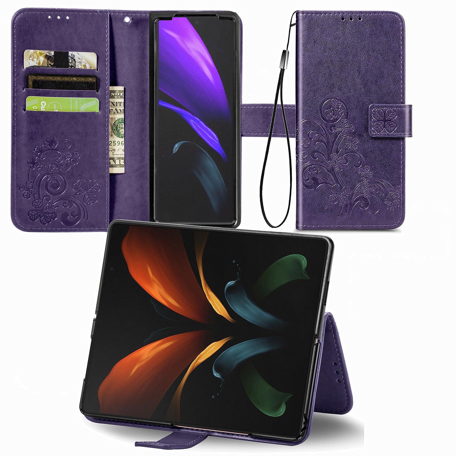For Samsung Galaxy Z Fold4 5G Embossed Leather Phone Case With Four Leaf Clasp - Blue