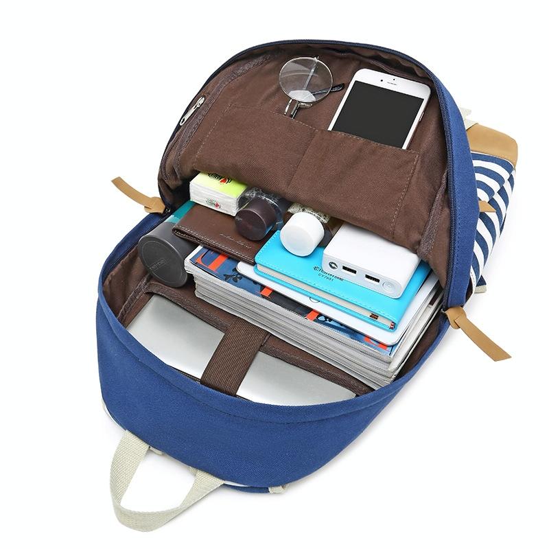 Printed Canvas Backpack Set - 3 Pieces - Navy Blue