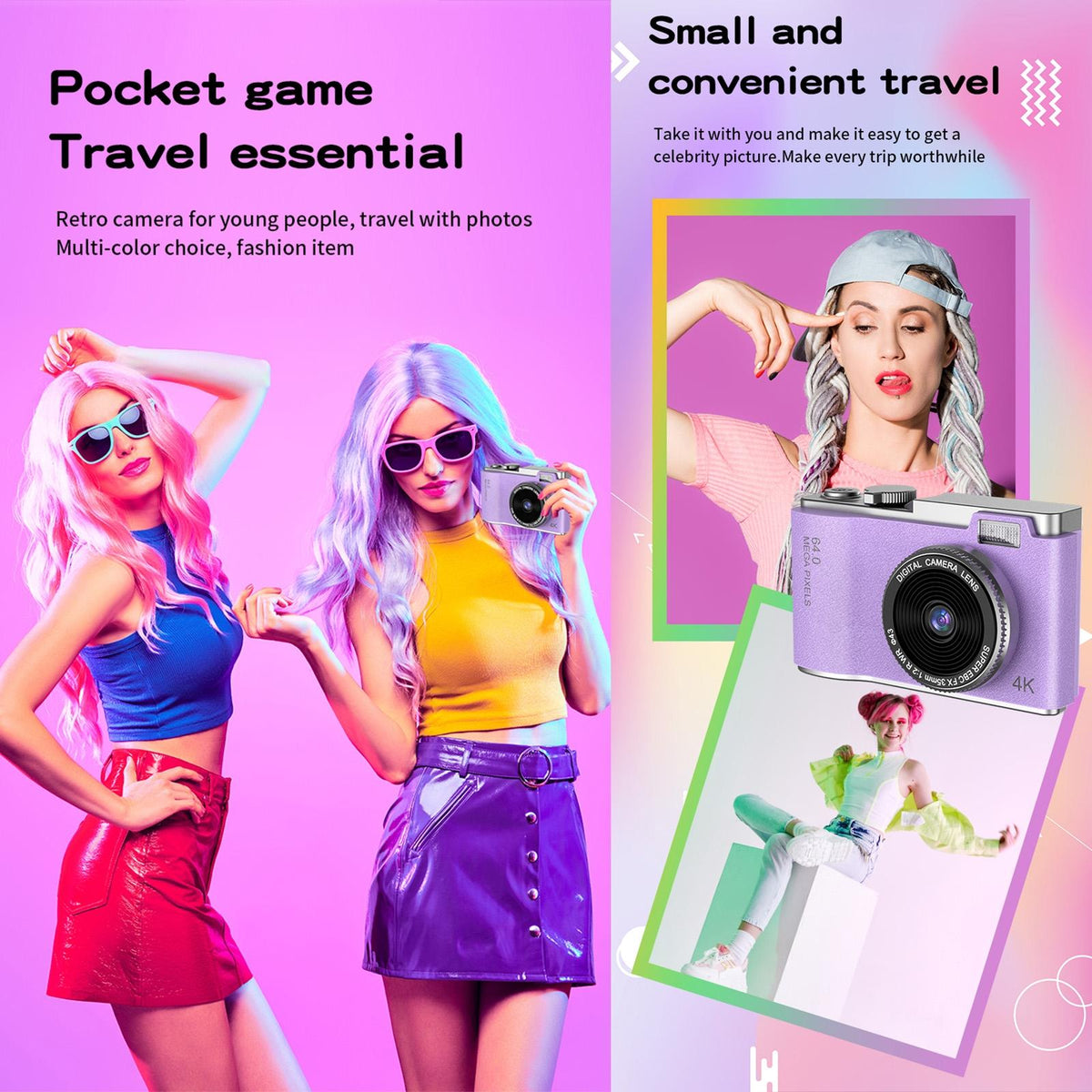 Retro Kids Camera With Dual-Lens 4K Hd Ccd - 2.4 Inch - Purple