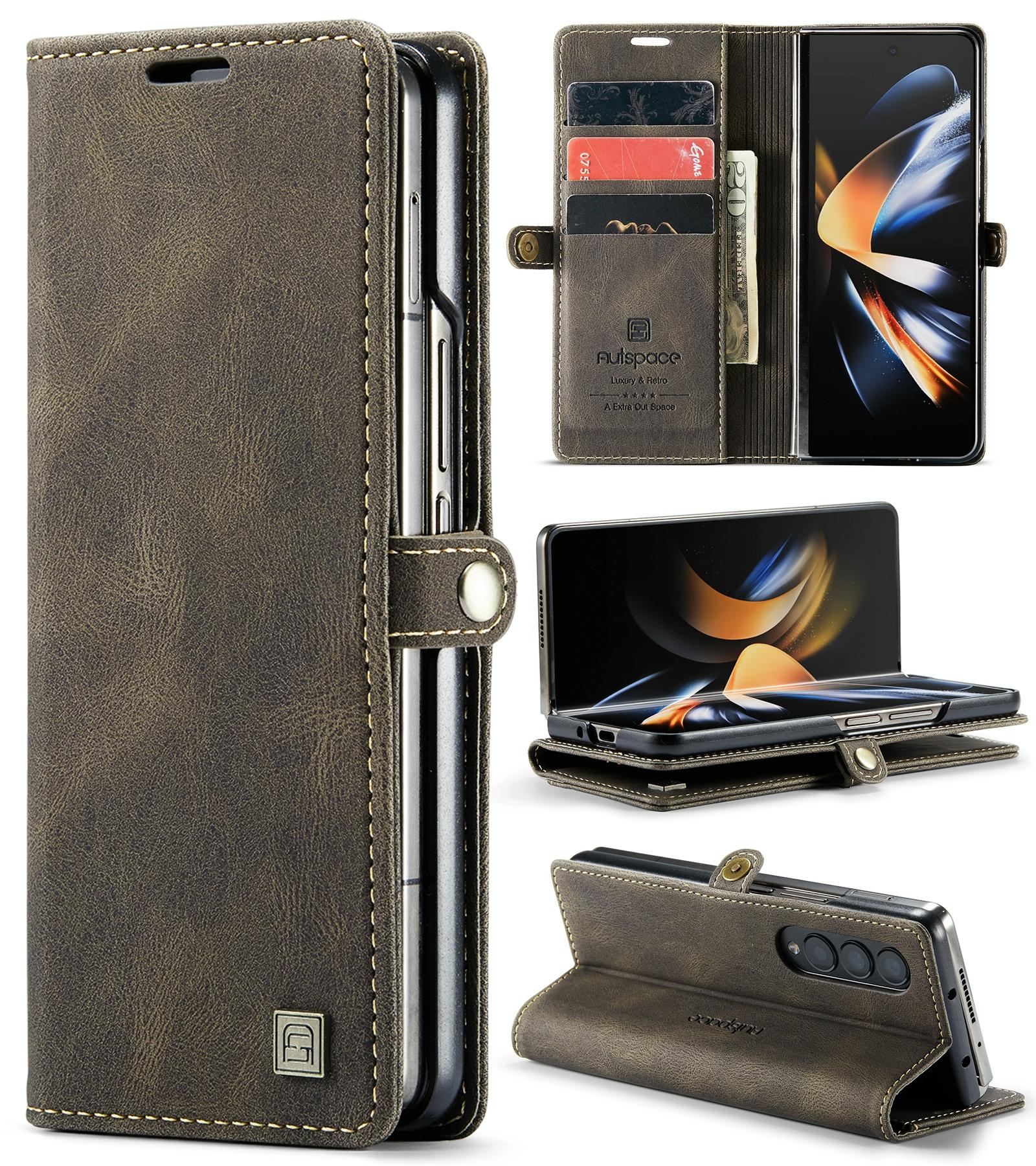 For Samsung Galaxy Z Fold4 5G Vintage Rfid Leather Phone Case - Coffee