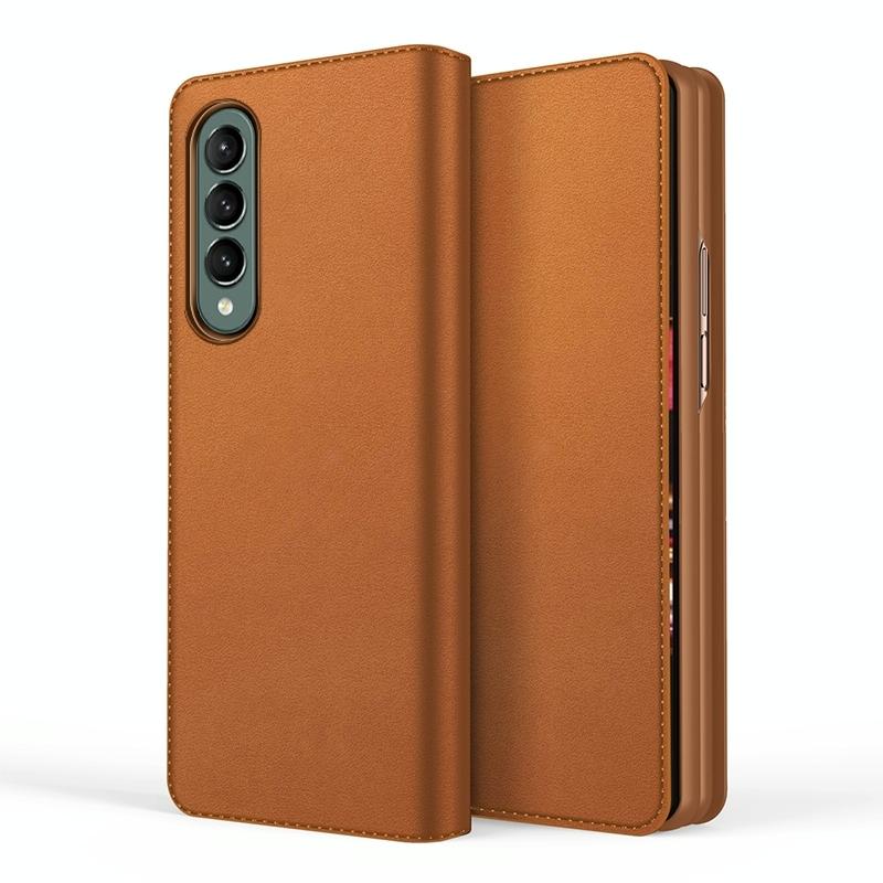 For Samsung Galaxy Z Fold4 5G Foldable Leather Phone Case - Horizontal Flip - Plain Brown