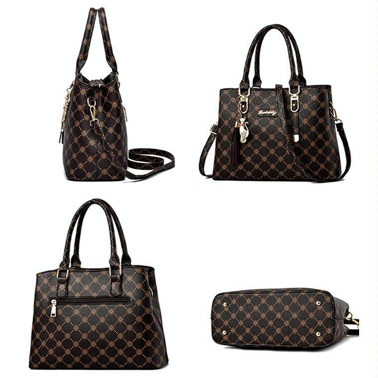 Spacious Print Handbag - Large Capacity - Dark Red Deep Coffee Print