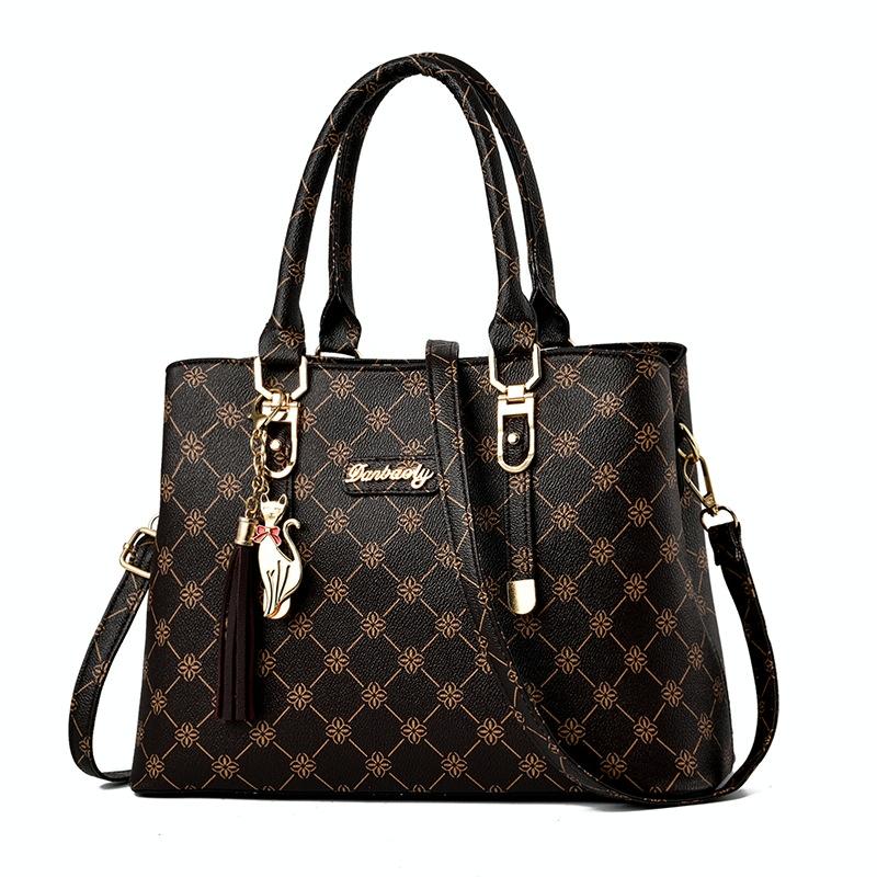 Spacious Print Handbag - Large Capacity - Dark Red Deep Coffee Print