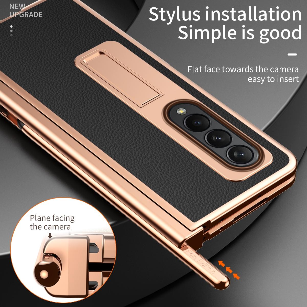 For Samsung Galaxy Z Fold4 5G Premium Litchi Leather Hinged Phone Case - With Pen - Gold