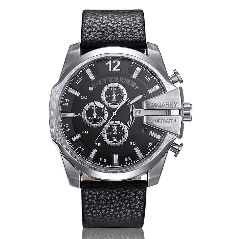 Men Leather Band Sports Watch with Large Dial - Silver Black + Black