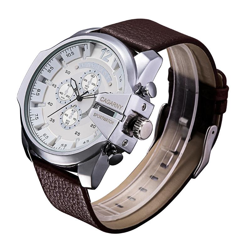 Men Leather Band Sports Watch with Large Dial - Silver Black + Black