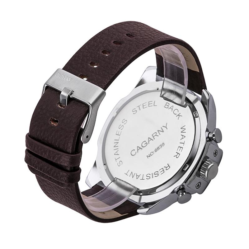 Men Leather Band Sports Watch with Large Dial - Silver Black + Black