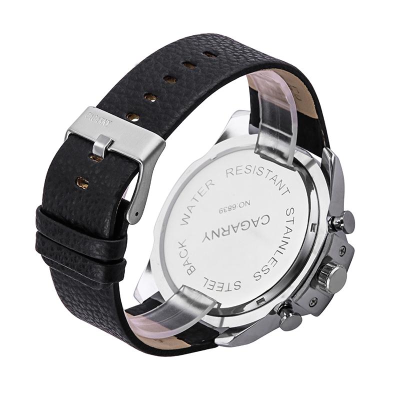 Men Leather Band Sports Watch with Large Dial - Silver Black + Black