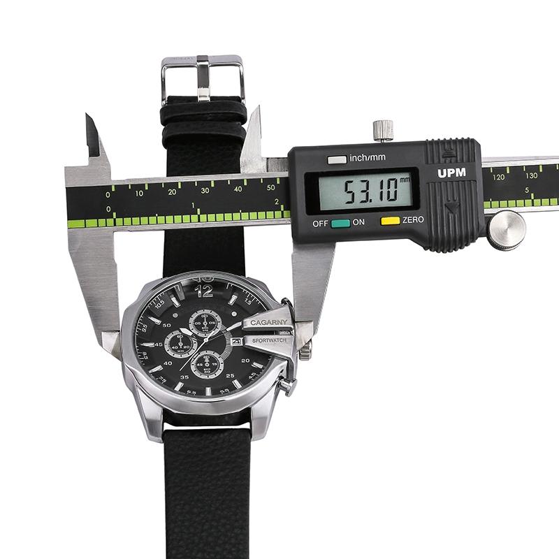 Men Leather Band Sports Watch with Large Dial - Silver Black + Black