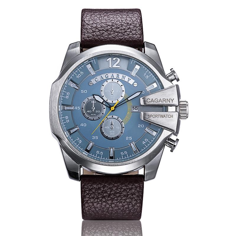 Men Leather Band Sports Watch with Large Dial - Silver Black + Black