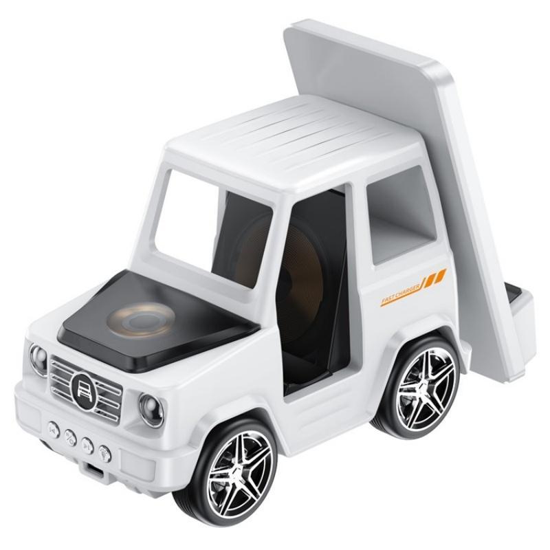 6 In 1 Car Shape Speaker With Clock &amp; Wireless Charger - White