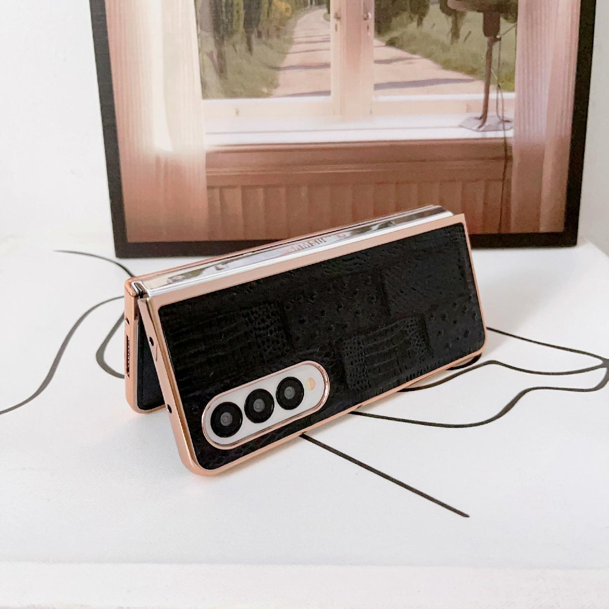 For Samsung Galaxy Z Fold4 5G Leather Mahjong Phone Case - Electroplated - Black