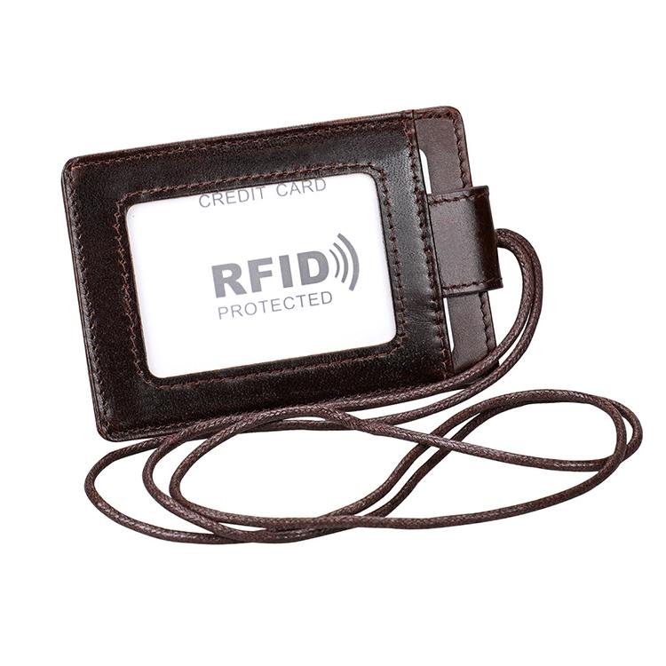Leather Rfid Card Holder Lanyard - Compact & Secure - Coffee