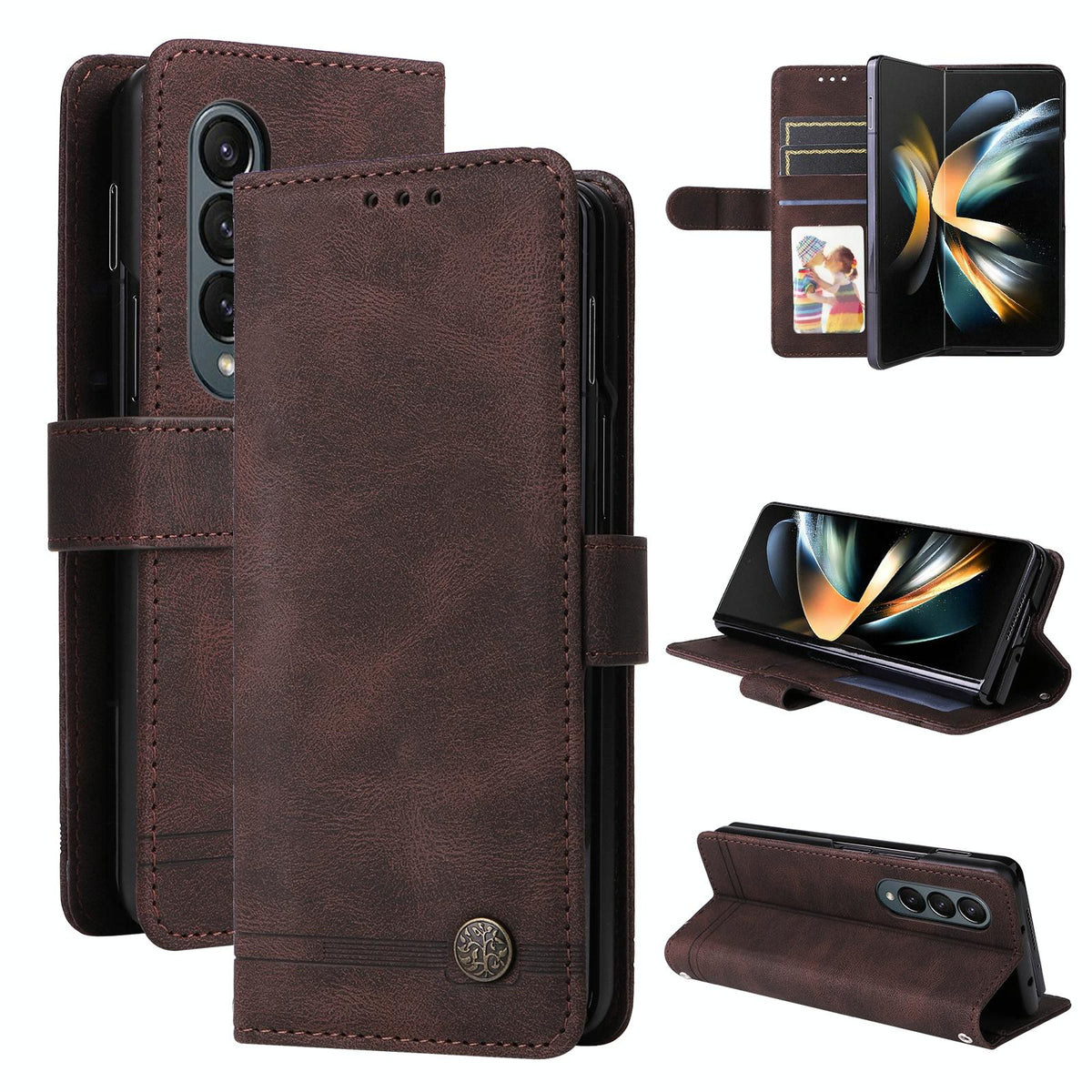 For Samsung Galaxy Z Fold4 5G Metal Button Leather Case - Tree Design - Brown