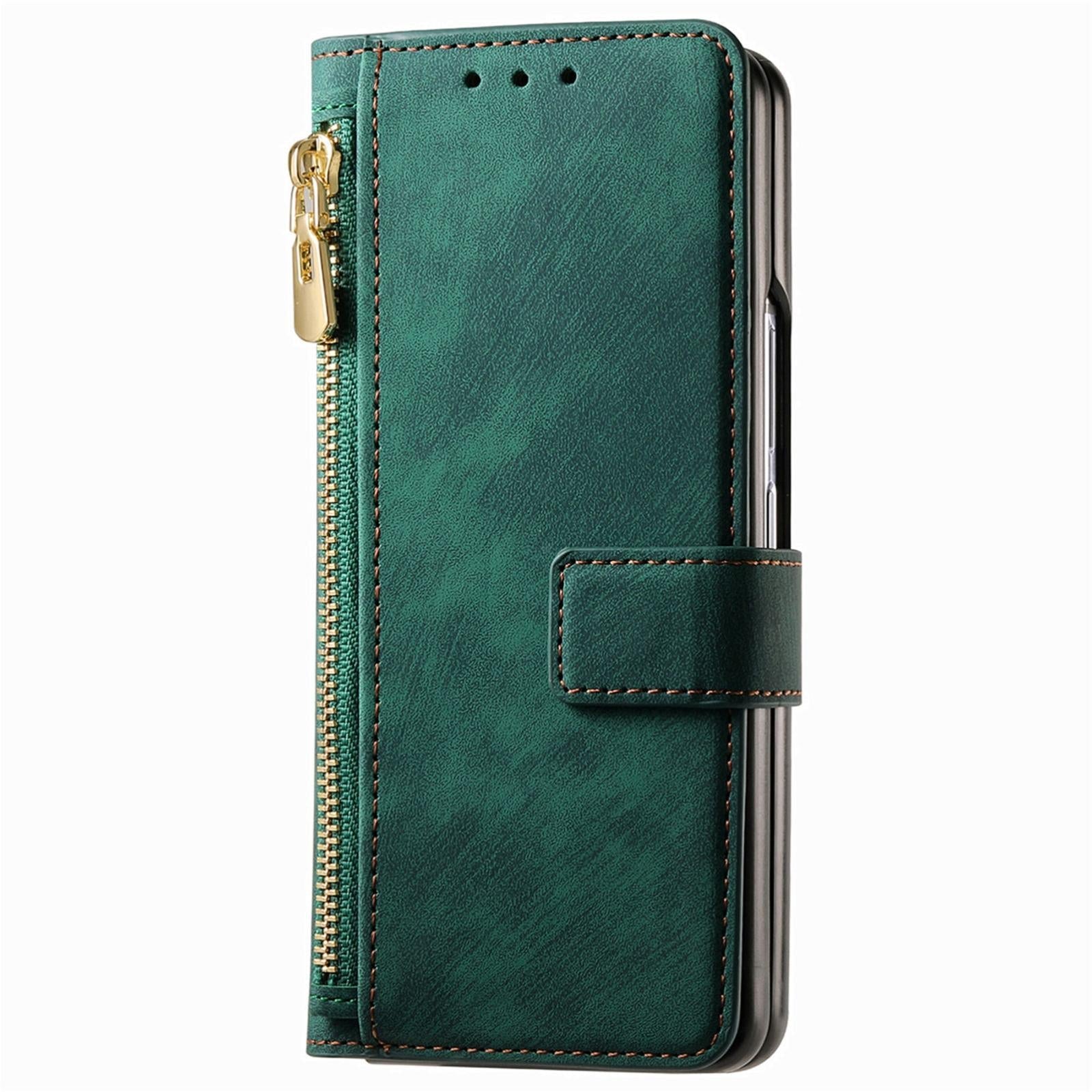 For Samsung Galaxy Z Fold4 5G Vintage Magnetic Wallet Case - Zipper Closure - Green