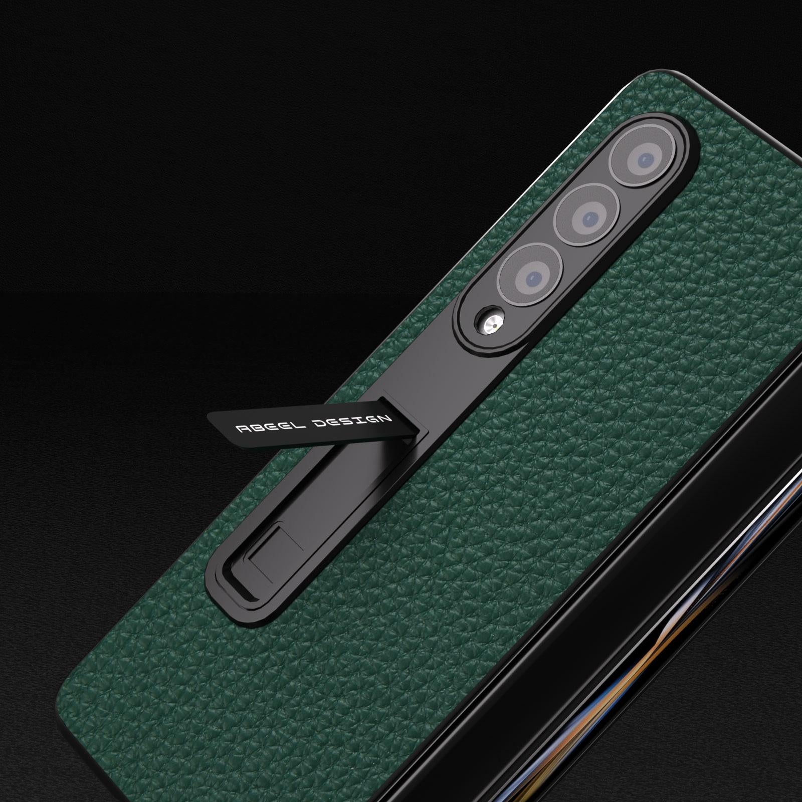 For Samsung Galaxy Z Fold4 5G Leather Phone Case With Holder - Litchi Texture - Green