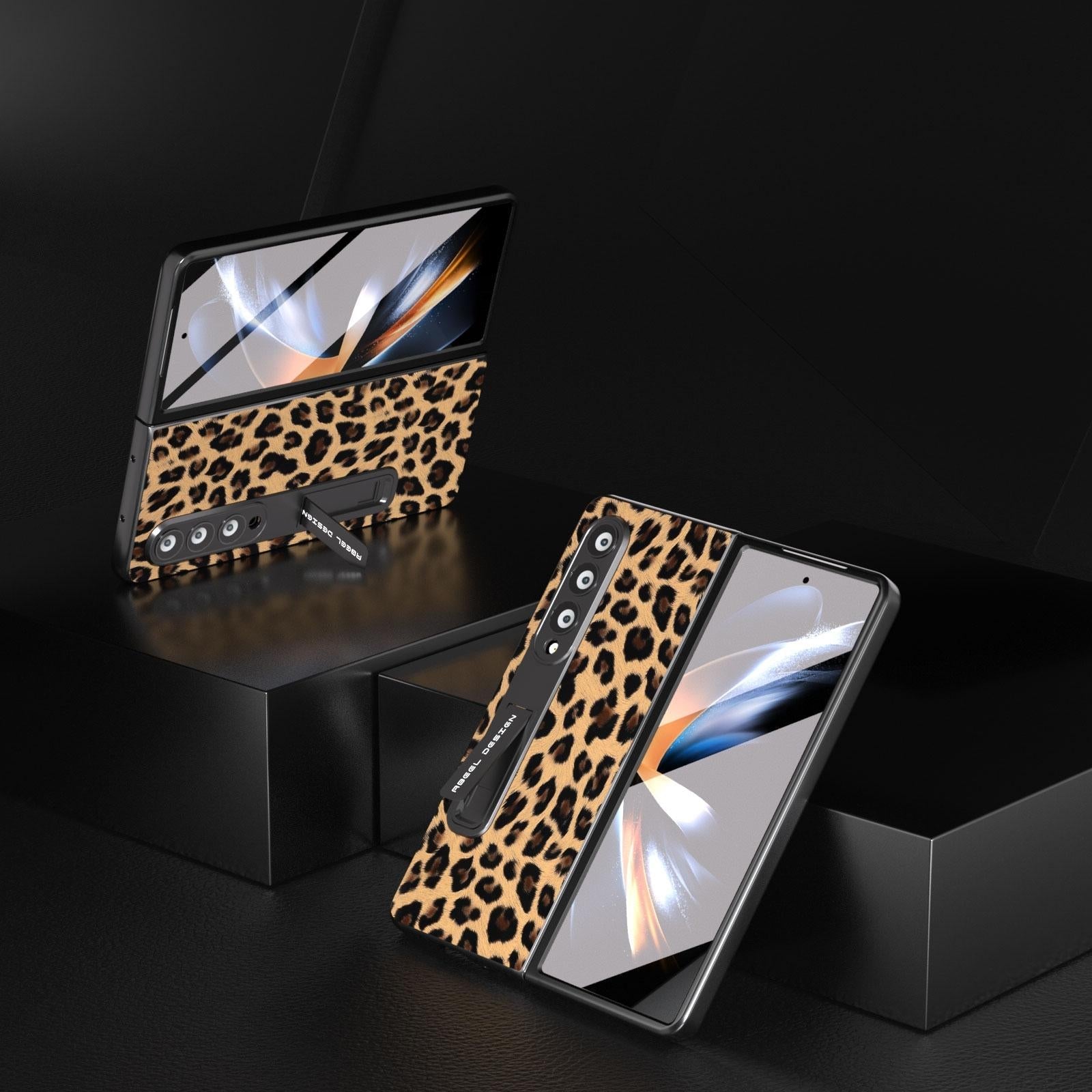 For Samsung Galaxy Z Fold4 5G Leopard Print Phone Case With Holder - Silver