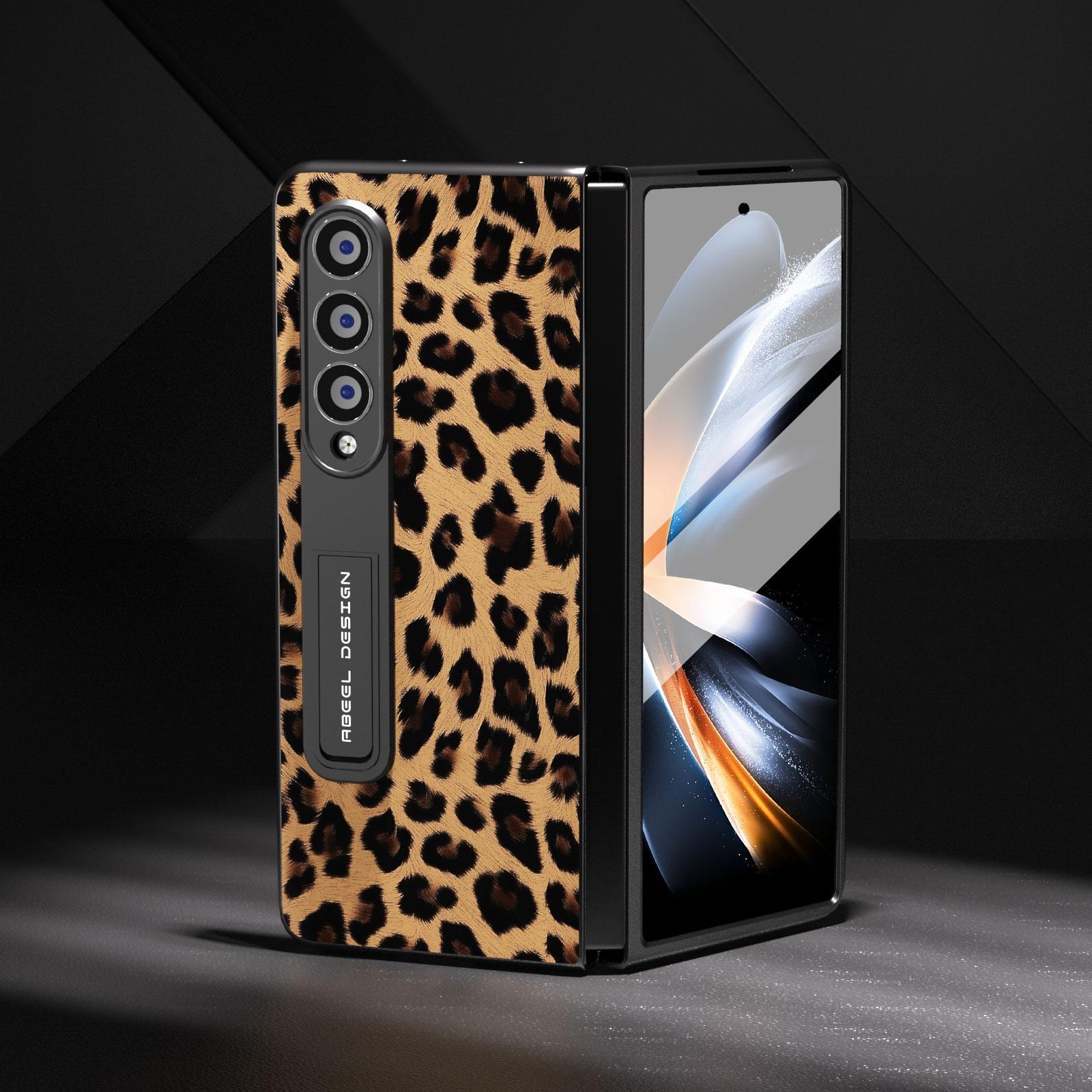 For Samsung Galaxy Z Fold4 5G Leopard Print Phone Case With Holder - Silver
