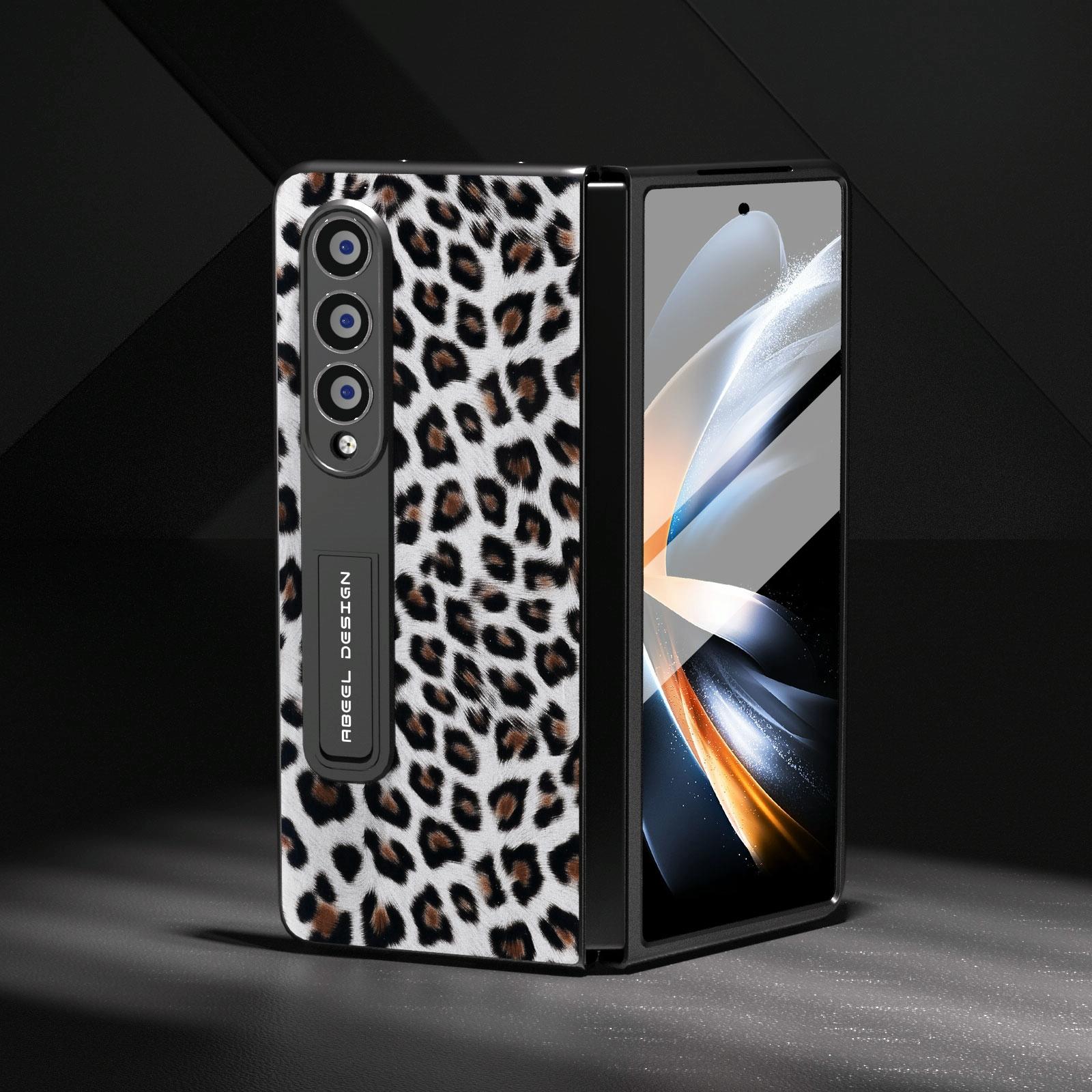 For Samsung Galaxy Z Fold4 5G Leopard Print Phone Case With Holder - Silver