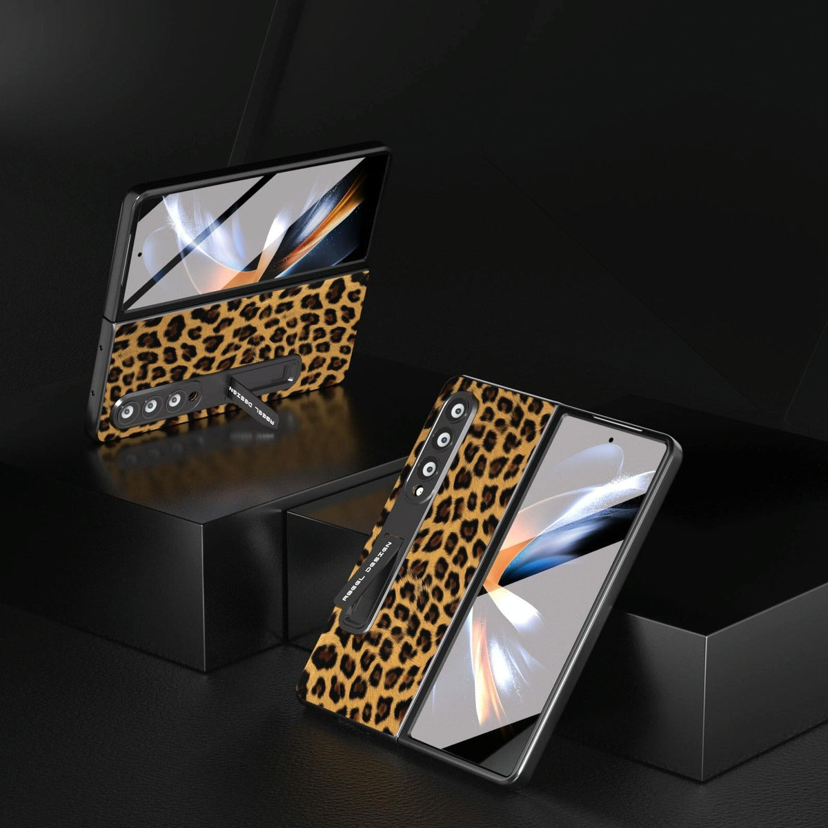 For Samsung Galaxy Z Fold4 5G Leopard Print Phone Case With Holder - Silver