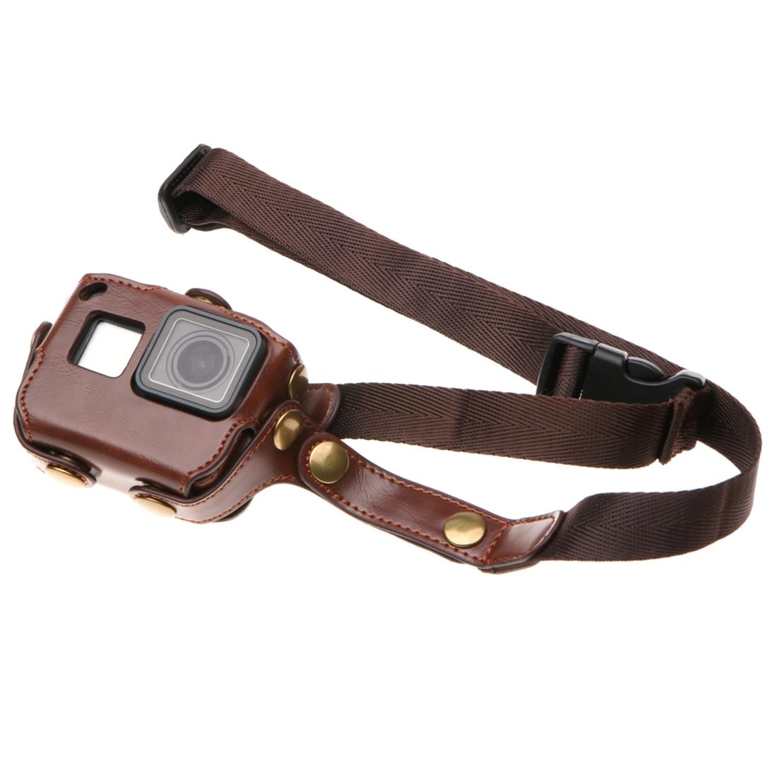 Leather Housing Case with Neck Strap and Buttons for Gopro Hero7 / 6 / 5 - Black - Coffee